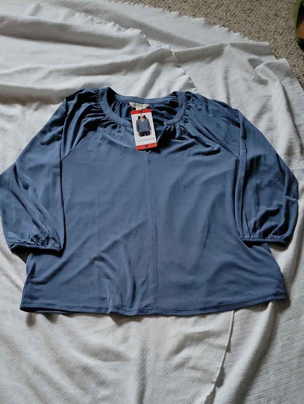 Lucky Brand Delft Blue V-neck 3/4 Sleeve Top Blouse M NWT